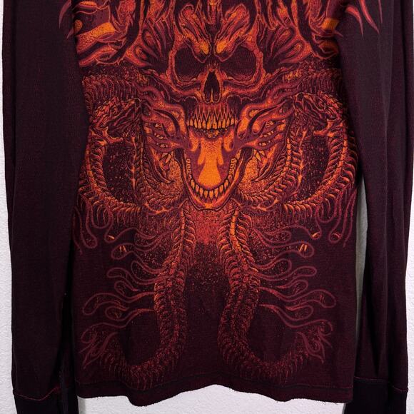 Affliction Thermal Shirt Women XL Reversible Skull Flame Rose Graphic Y2K Grunge - Picture 8 of 13